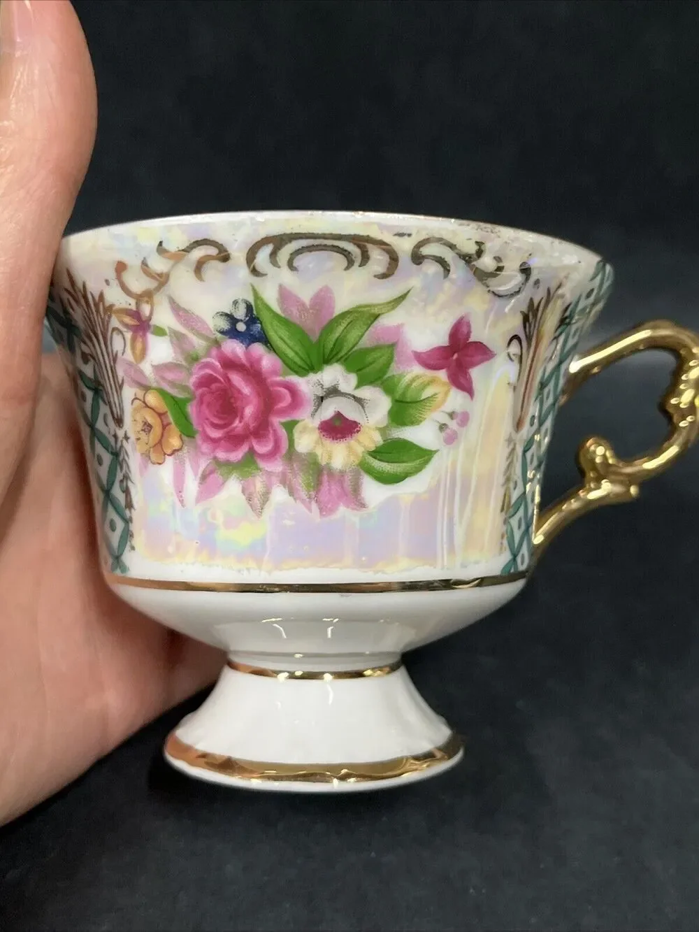 VTG L M Royal Halsey Very Fine Teacup & Saucer Floral Pink Green Gold Iridescent
